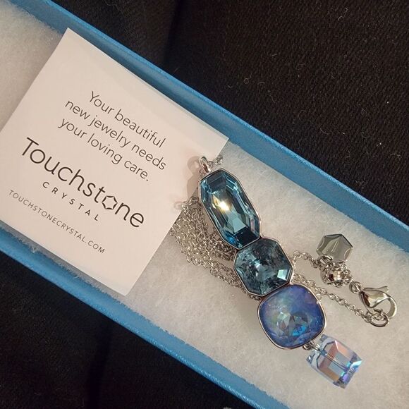 #Touchstone Crystal 4 Stone Blue #Slide Necklace Rhodium #Adjustable #NIB #NWT - Picture 3 of 5